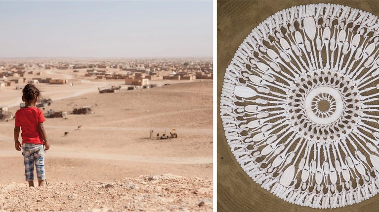 Two images. On the left is a photo of the back of a  young girl as she looks at an encampment in a desert. On the right is an image of a mandala-shaped white piece of artwork.